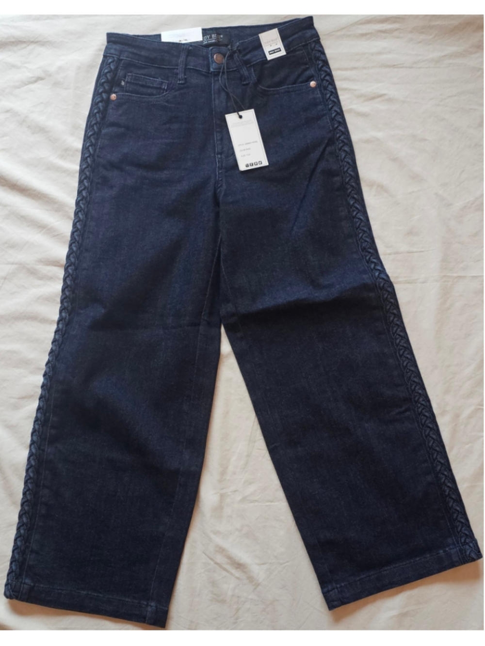 Women's Judy Blue Wide Leg Jeans Size 1 Dark Blue Braided Detail - Picture 1 of 7